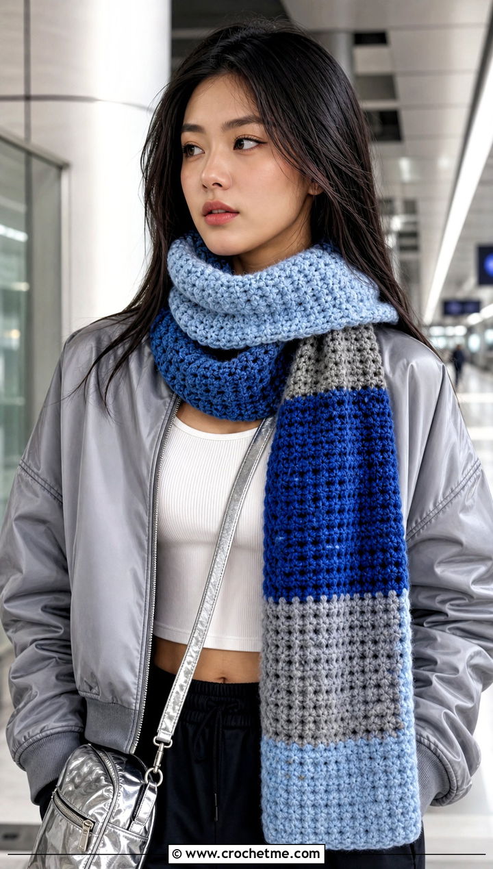 Color Block Crochet Velvet Scarf With Bomber Jacket - 25 Crochet Velvet Scarf outfit ideas