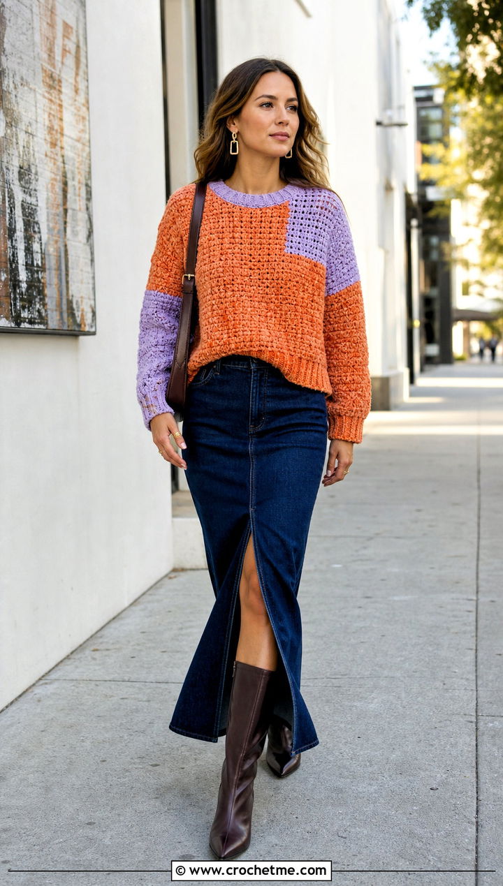 Color Block Crochet Velvet Sweater With Denim Maxi Skirt - 20 Crochet Velvet Sweater outfit ideas