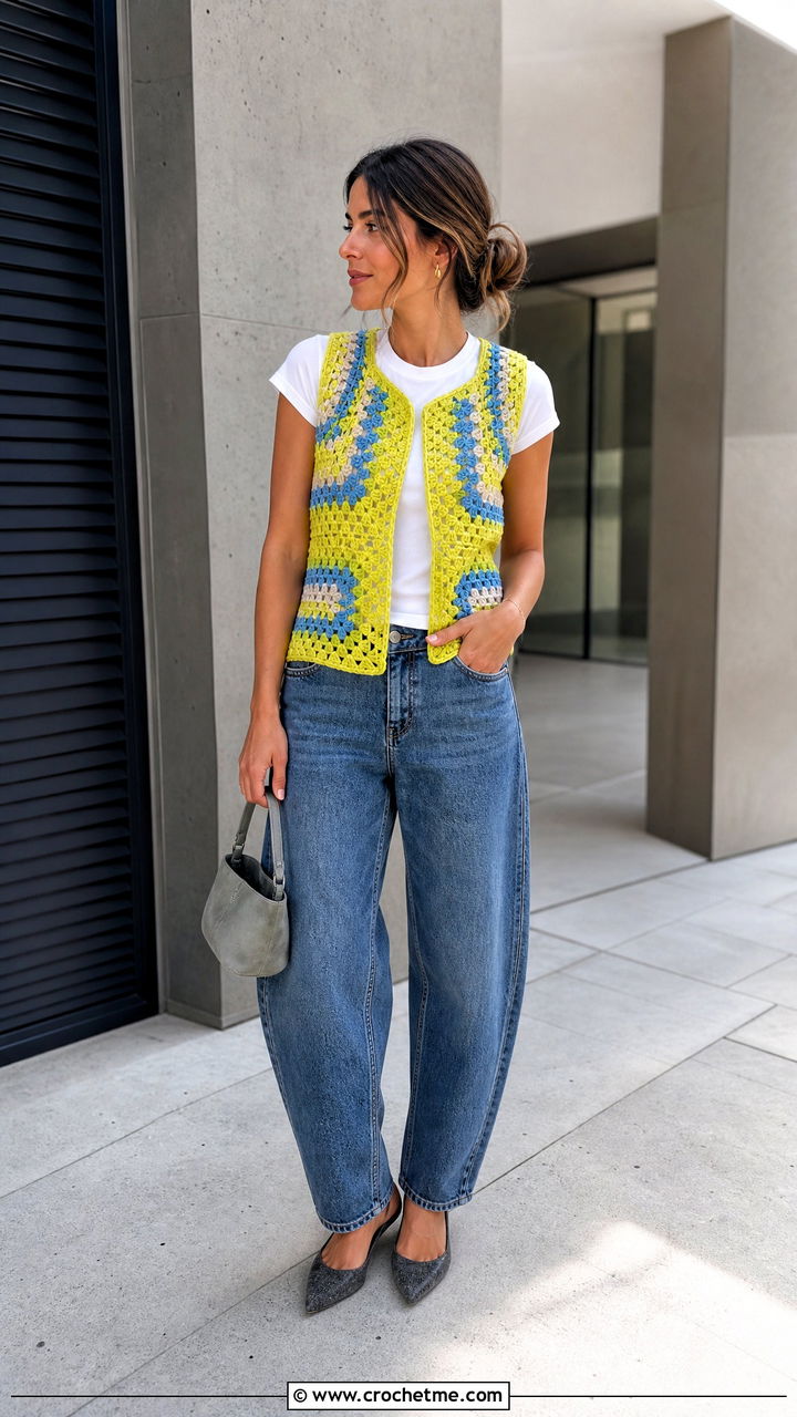 Color Block Crochet Vest With Barrel Jeans - 35 easy crochet vest outfit ideas