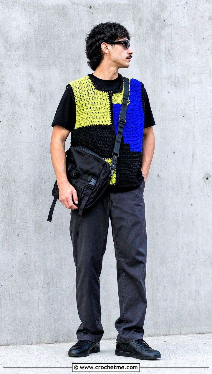 Color Block Crochet Vest With Black T Shirt And Work Pants - 30 mens crochet vest outfit ideas