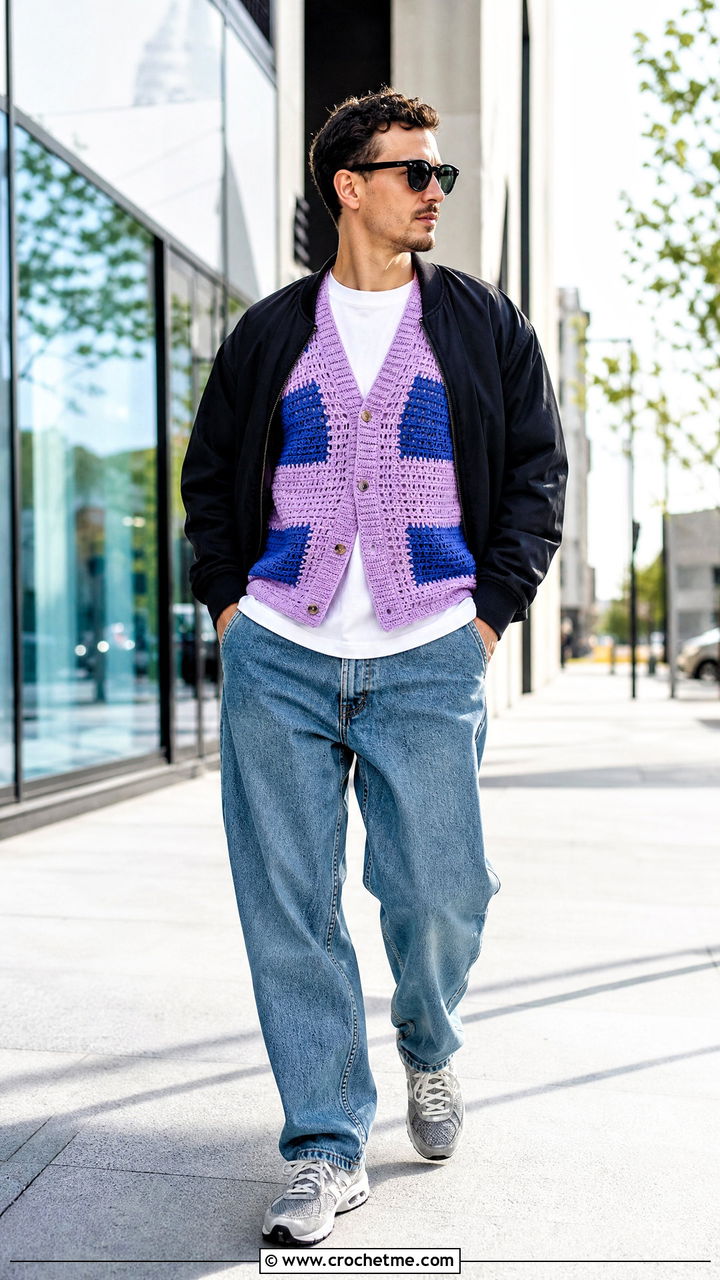 Color Block Crochet Vest With Bomber Jacket And Jeans - 35 crochet vest for men outfit ideas