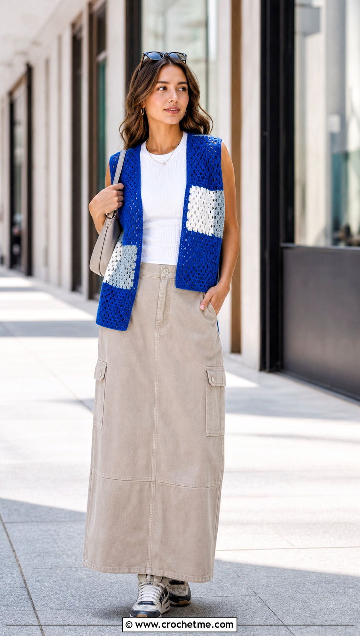 Color Block Crochet Vest With Cargo Maxi Skirt - 35 diy crochet vest outfit ideas