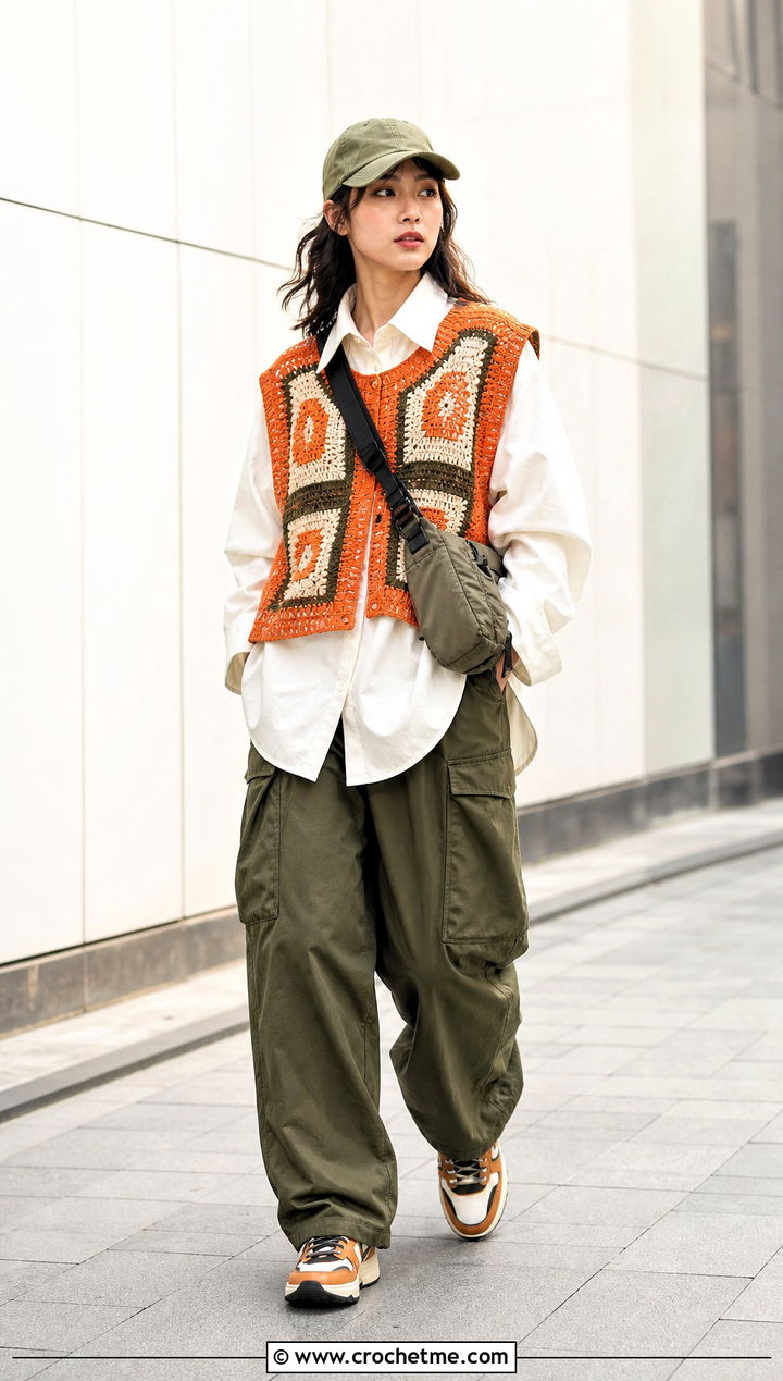 Color Block Crochet Vest With Cargo Pants - 30 anime inspired crochet clothes and outfit ideas