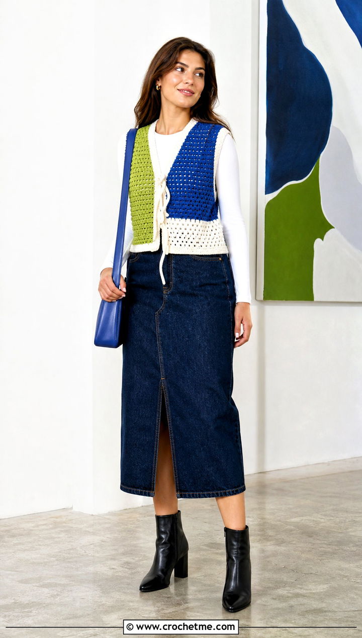 Color Block Crochet Vest With Denim Midi Skirt - 35 crochet vest outfits for women outfit ideas