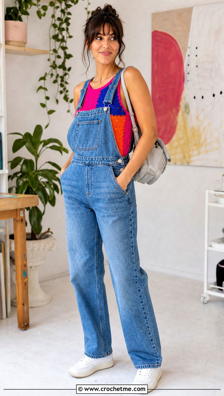 Color Block Crochet Vest With Denim Overalls - 25 beginner crochet vest outfit ideas