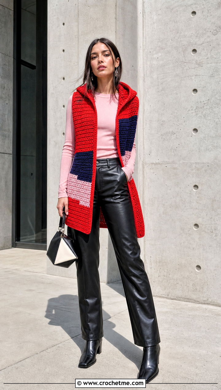 Color Block Crochet Vest With Hood And Leather Pants - 30 crochet vest with hood outfit ideas