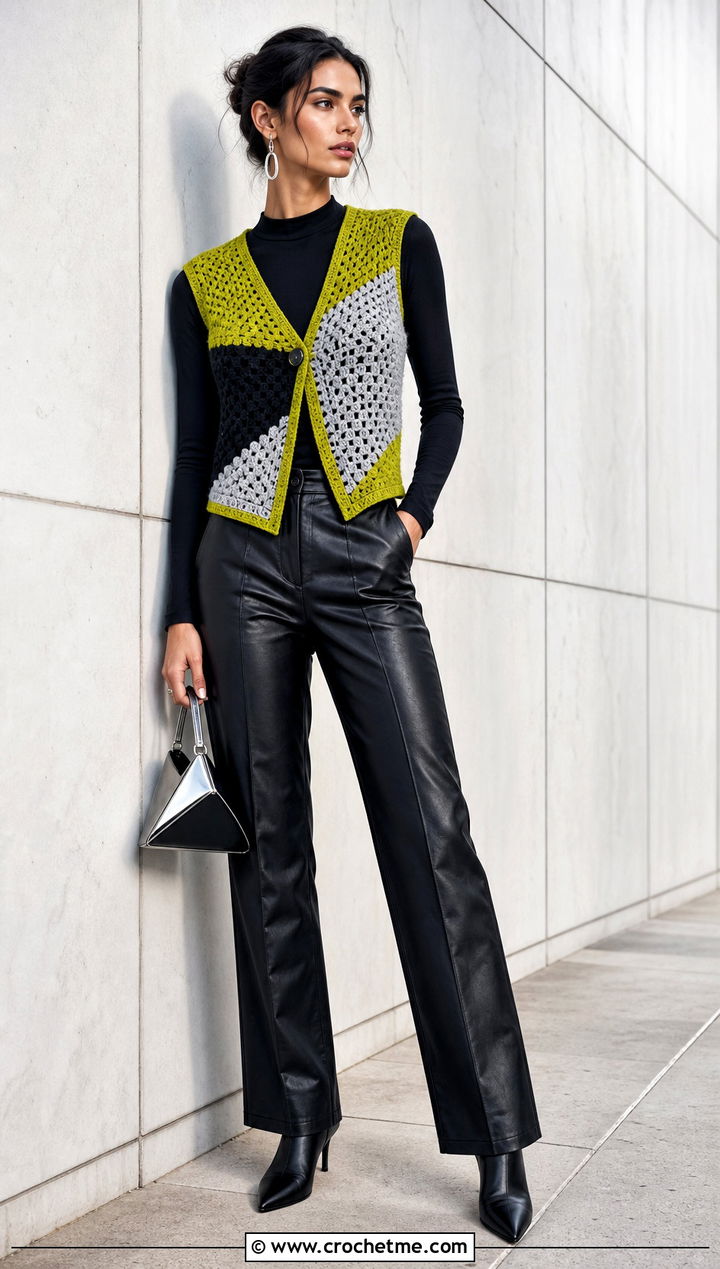 Color Block Crochet Vest With Leather Pants - 25 Easy Crochet Vest For Beginners outfit ideas