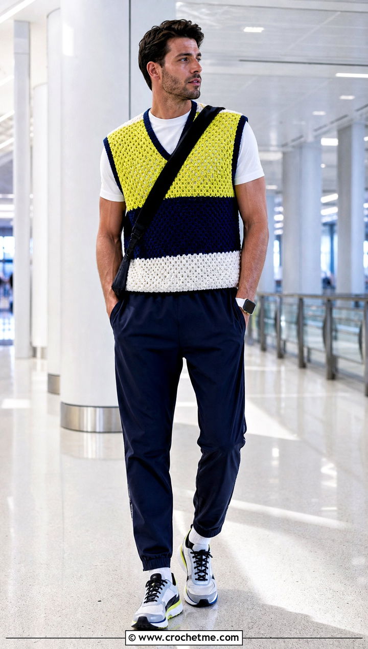 Color Block Crochet Vest With Track Pants - 30 men's crochet vest outfit ideas