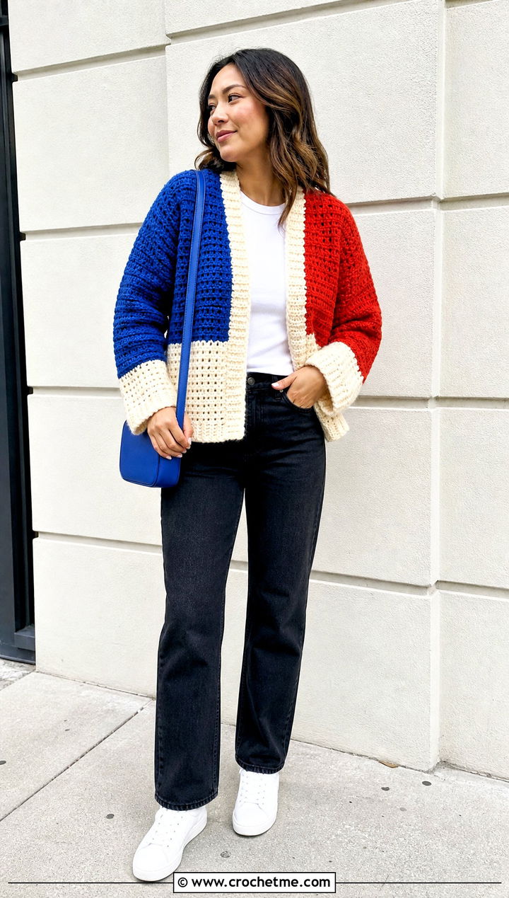 Color Block Crochet Waffle Stitch Cardigan With Black Denim - 25 crochet waffle stitch cardigan outfit ideas
