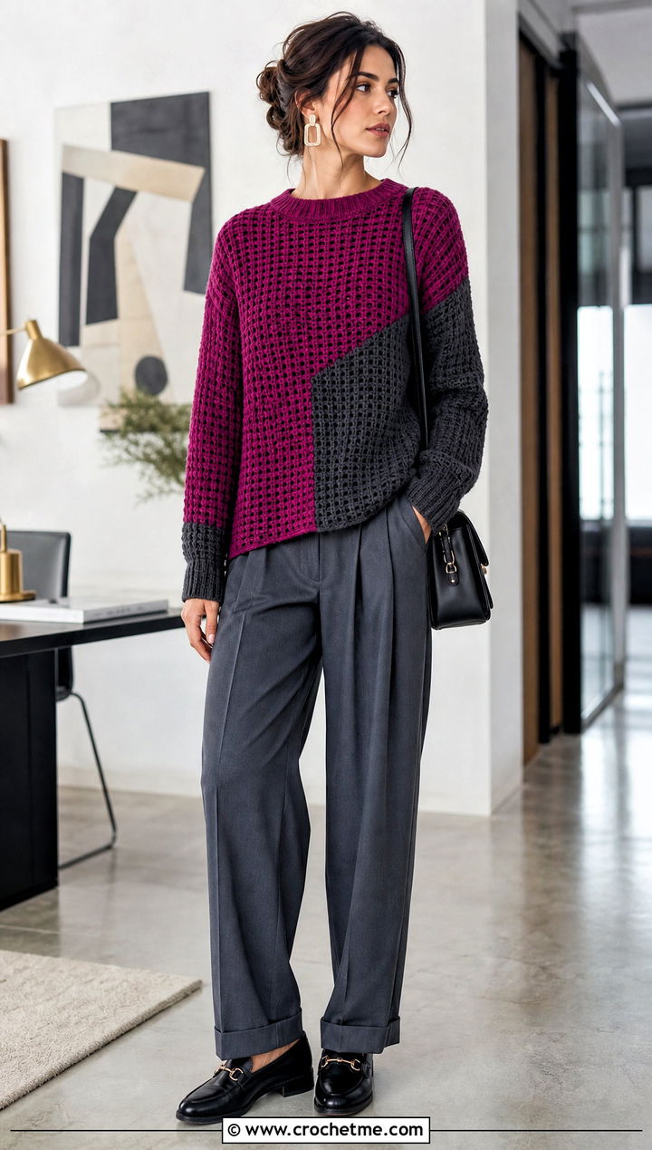 Color Block Crochet Waffle Sweater With Pleated Trousers - 15 Crochet Waffle Sweater outfit ideas