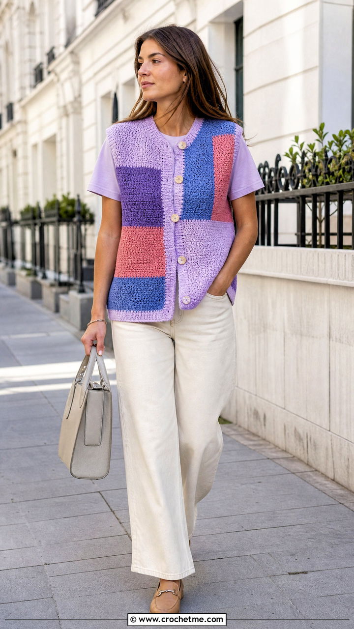 Color Block Crochet Waistcoat With Ecru Denim - 35 crochet waistcoat outfit ideas