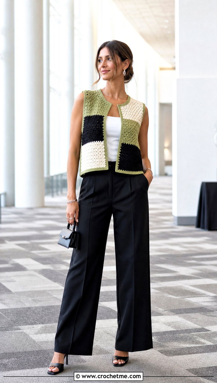 Color Block Crochet Waistcoat With Matching Trousers - 20 ladies crochet waistcoat outfit ideas