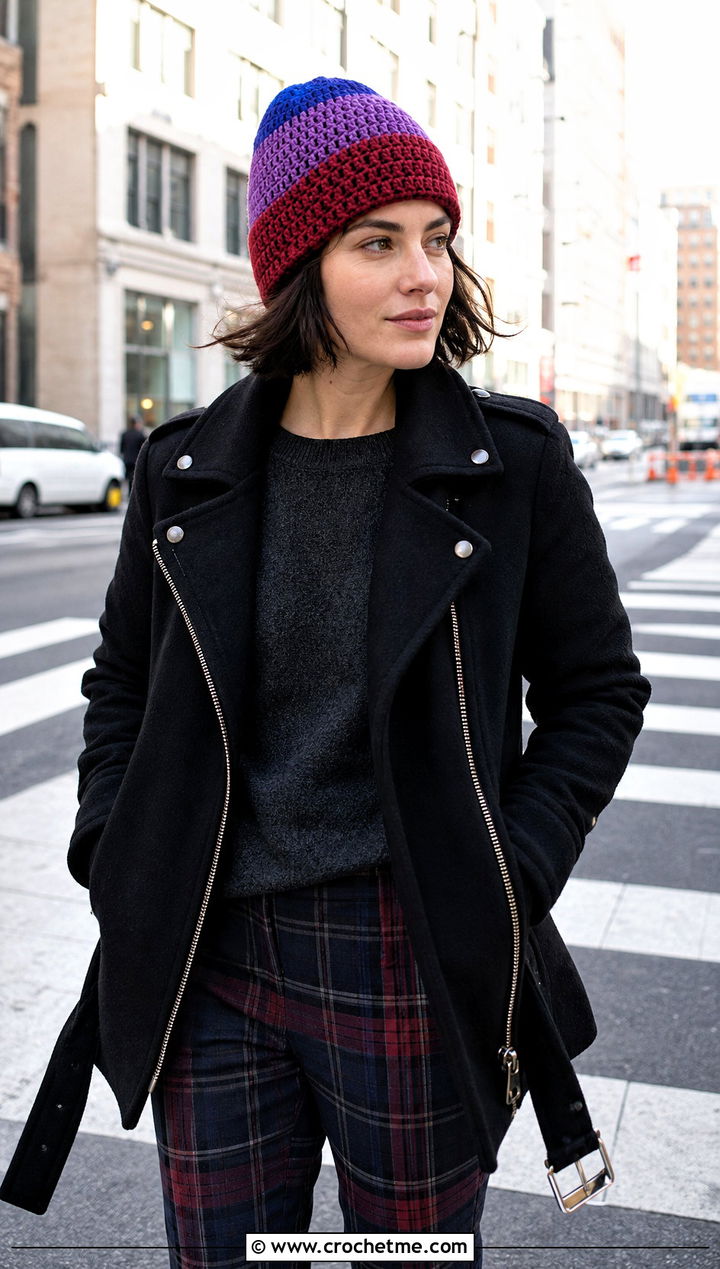Color Block Crochet Watch Cap With Moto Coat And Plaid Pants - 30 easy crochet winter hat outfit ideas
