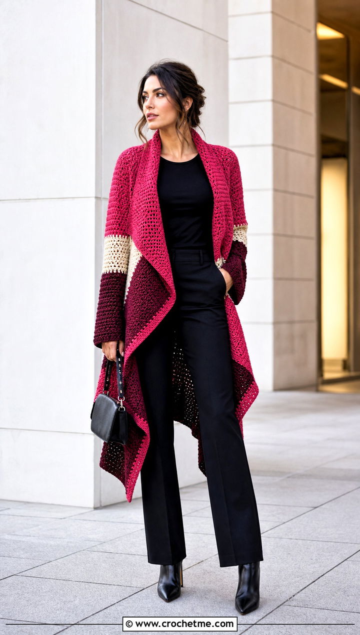 Color Block Crochet Waterfall Cardigan With Black Basics - 25 crochet waterfall cardigan outfit ideas