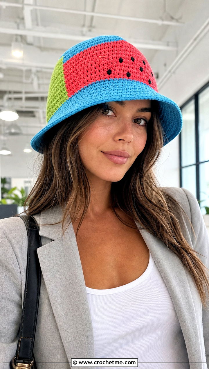 Color Block Crochet Watermelon Bucket Hat With Blazer And Trousers - 30 crochet watermelon bucket hat outfit ideas