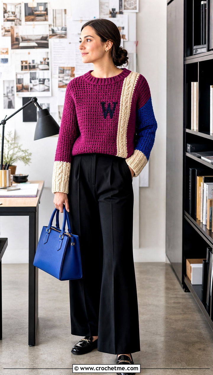 Color Block Crochet Weasley Sweater With Black Trousers - 35 crochet weasley sweater outfit ideas