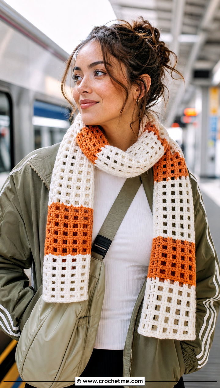 Color Block Crochet Windowpane Scarf With Cargo Pants - 15 crochet windowpane scarf outfit ideas