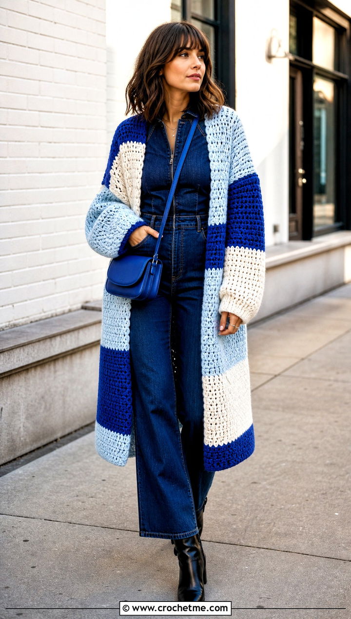 Color Block Crochet Winter Cardigan With A Denim Jumpsuit - 25 crochet winter cardigan outfit ideas