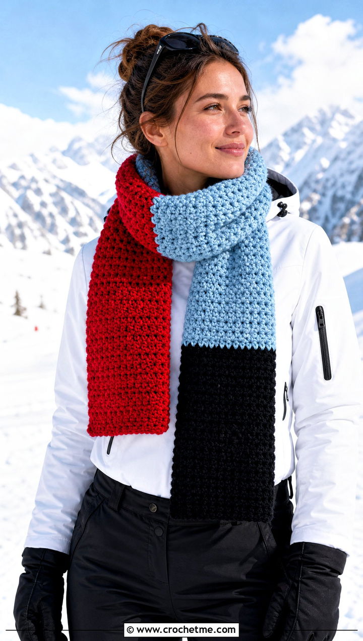 Color Block Crochet Winter Scarf With Ski Jacket - 35 crochet winter scarf outfit ideas