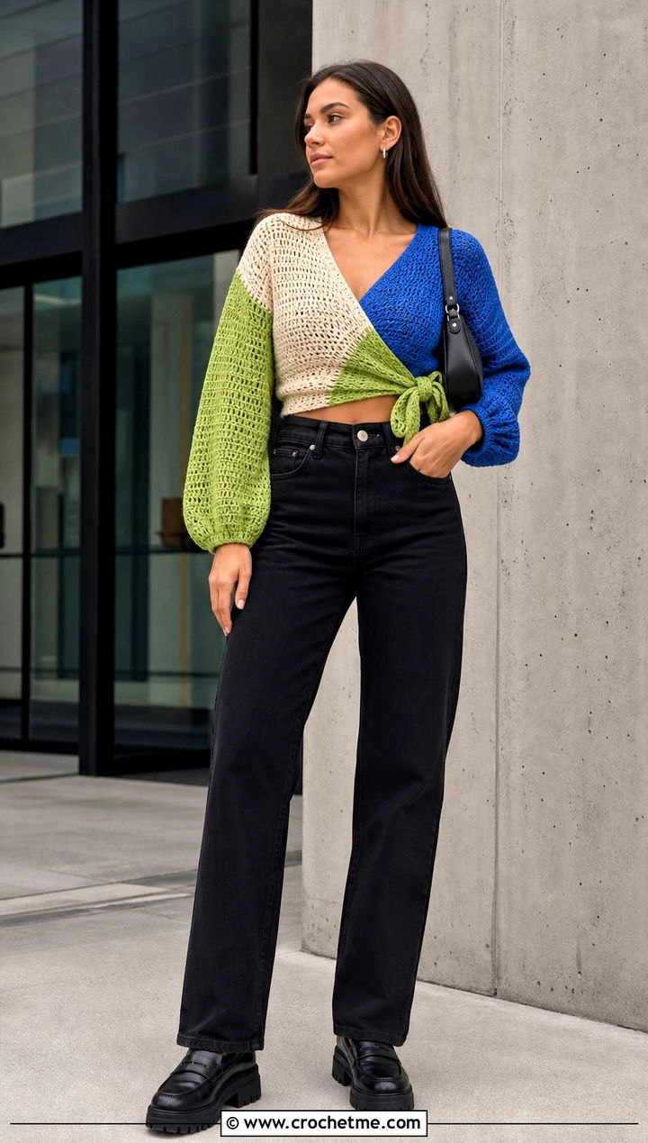 Color Block Crochet Wrap Shirt With Black Jeans - 30 crochet wrap shirt outfit ideas