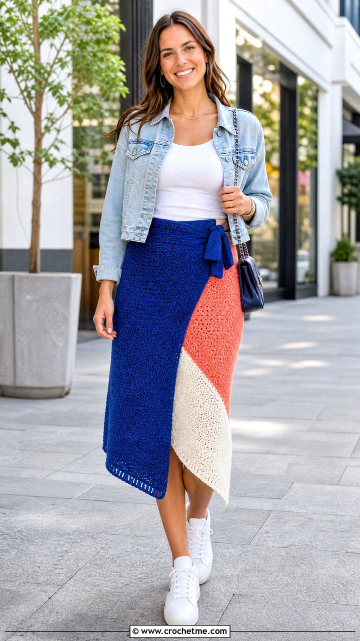 Color Block Crochet Wrap Skirt With Denim Jacket - 35 crochet wrap skirt outfit ideas