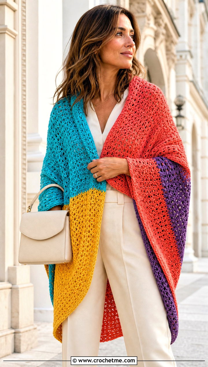 Color Block Crochet Wrap With Monochrome Outfit - 15 Crochet Wraps outfit ideas