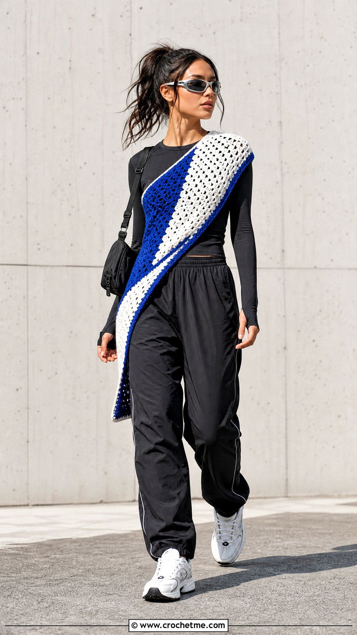 Color Block Crochet Wrap With Track Pants - 35 crochet wrap outfit ideas