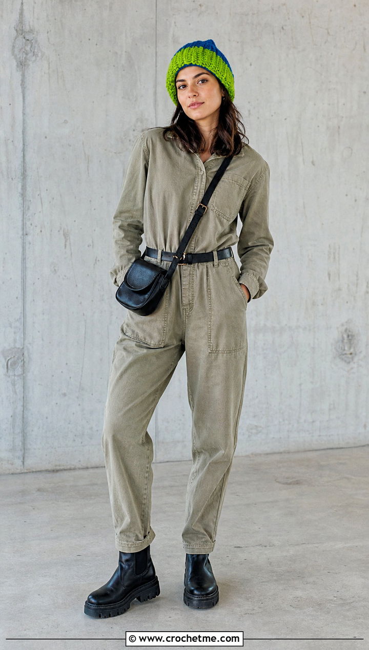 Color Block Crocheted Beanie With Utility Jumpsuit And Boots - 35 crocheted beanie outfit ideas