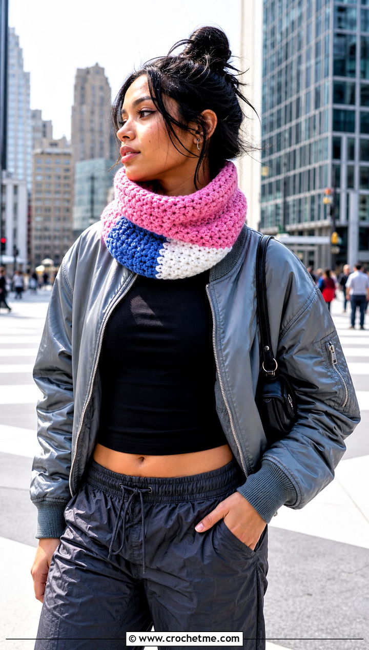 Color Block Crocheted Cowl With Bomber Jacket And Parachute Pants - 25 Crocheted Cowl outfit ideas