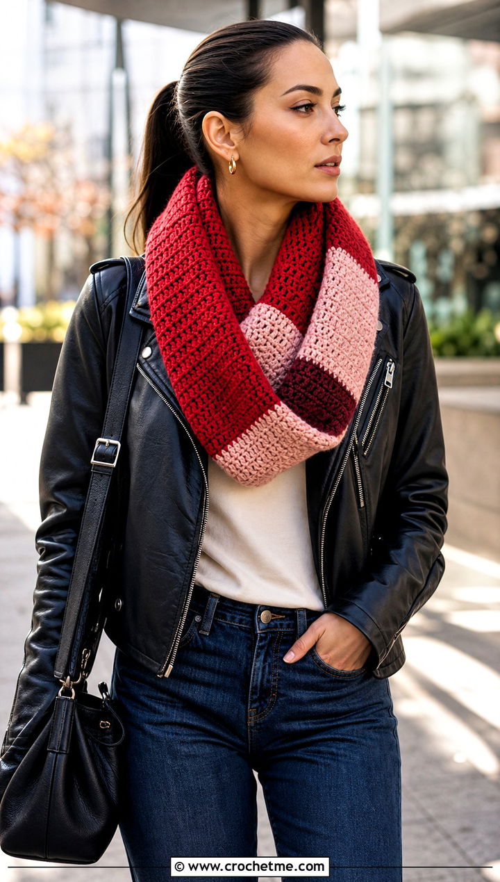 Color Block Crocheted Infinity Scarf With Leather Jacket and Straight Jeans - 15 Easy Crocheted Infinity Scarf outfit ideas