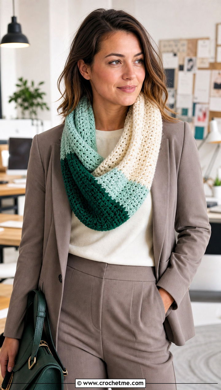Color Block Crocheted Infinity Scarf With Tailored Suit - 25 Crocheted Infinity Scarf outfit ideas