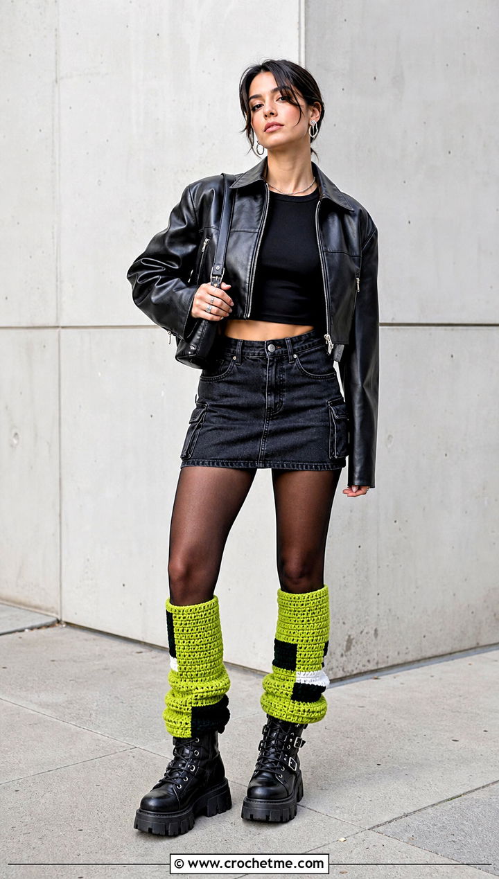 Color Block Crocheted Leg Warmers With Leather Jacket And Denim Mini - 35 Crocheted Leg Warmers outfit ideas