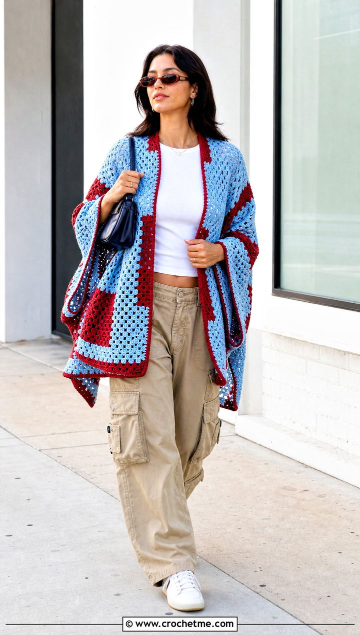 Color Block Crocheted Ruana With Cargo Pants - 20 Crocheted Ruana outfit ideas