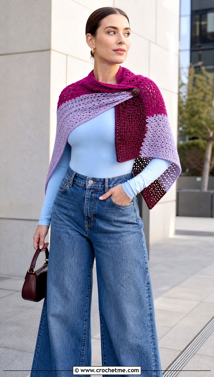 Color Block Crocheted Shawl With Wide Leg Denim - 20 Crocheted Shawl outfit ideas