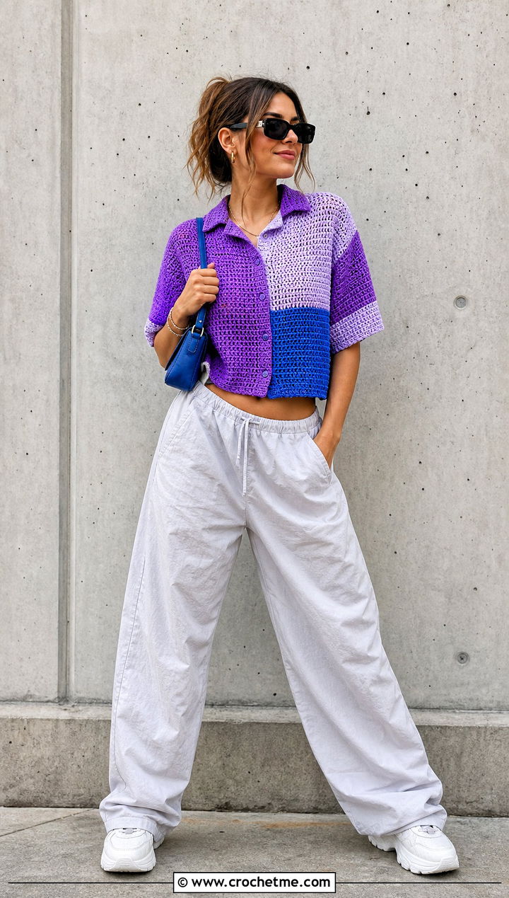 Color Block Crocheted Shirt With Parachute Pants - 35 Crocheted Shirt outfit ideas