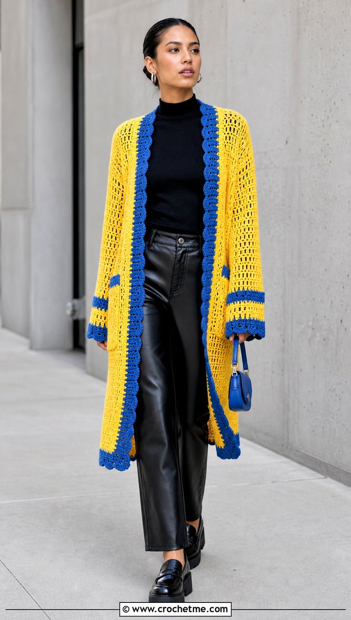 Color Block Crocheted Sweater Coat With Leather Pants - 15 colorful crocheted sweater coat outfit ideas