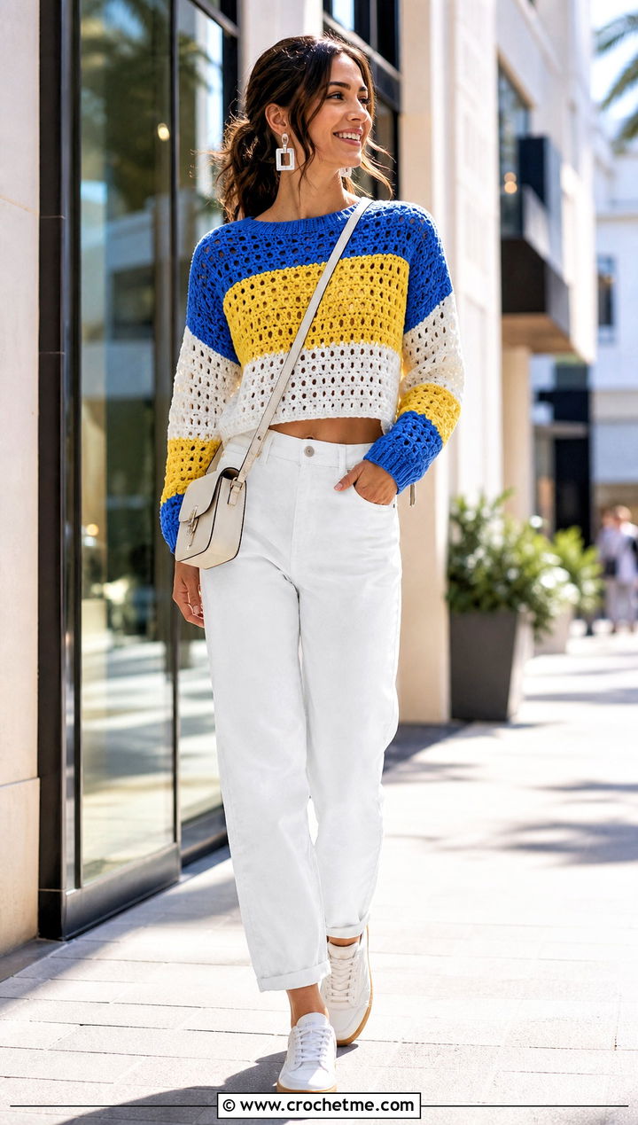 Color Block Crop Crochet Sweater With White Jeans - 15 hollow out crop crochet sweater outfit ideas