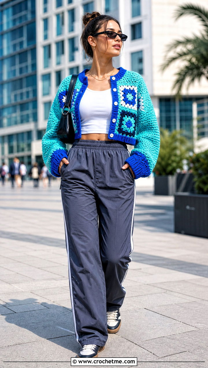 Color Block Cropped Cardigan With Track Pants - 25 crocheted cropped cardigan outfit ideas