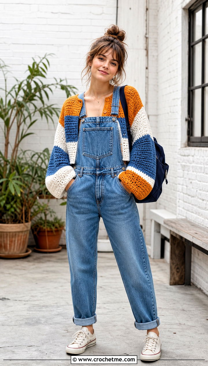 Color Block Cropped Crochet Cardigan With Denim Overalls - 35 cropped crochet cardigan outfit ideas