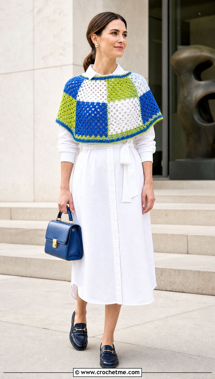 Color Block Cropped Crochet Poncho With a Shirt Dress - 20 Cropped Crochet Poncho outfit ideas