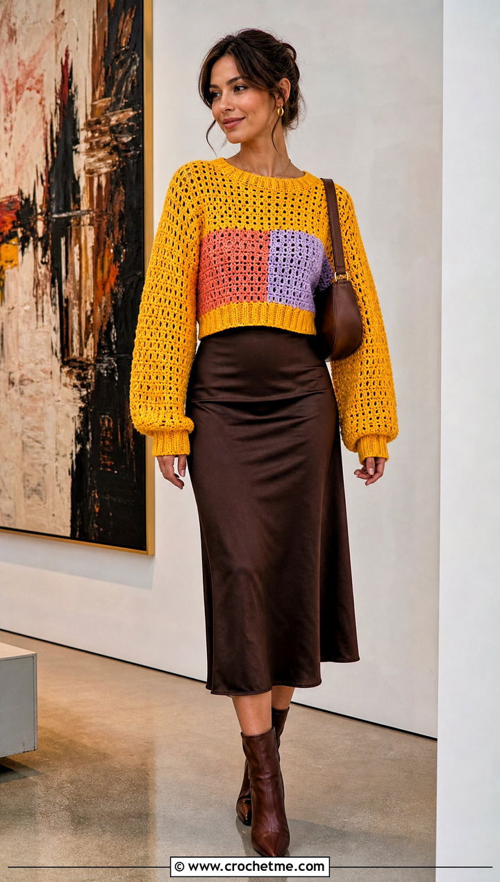 Color Block Cropped Crochet Sweater With Satin Midi Skirt - 25 Colorful Crochet Sweater Ideas