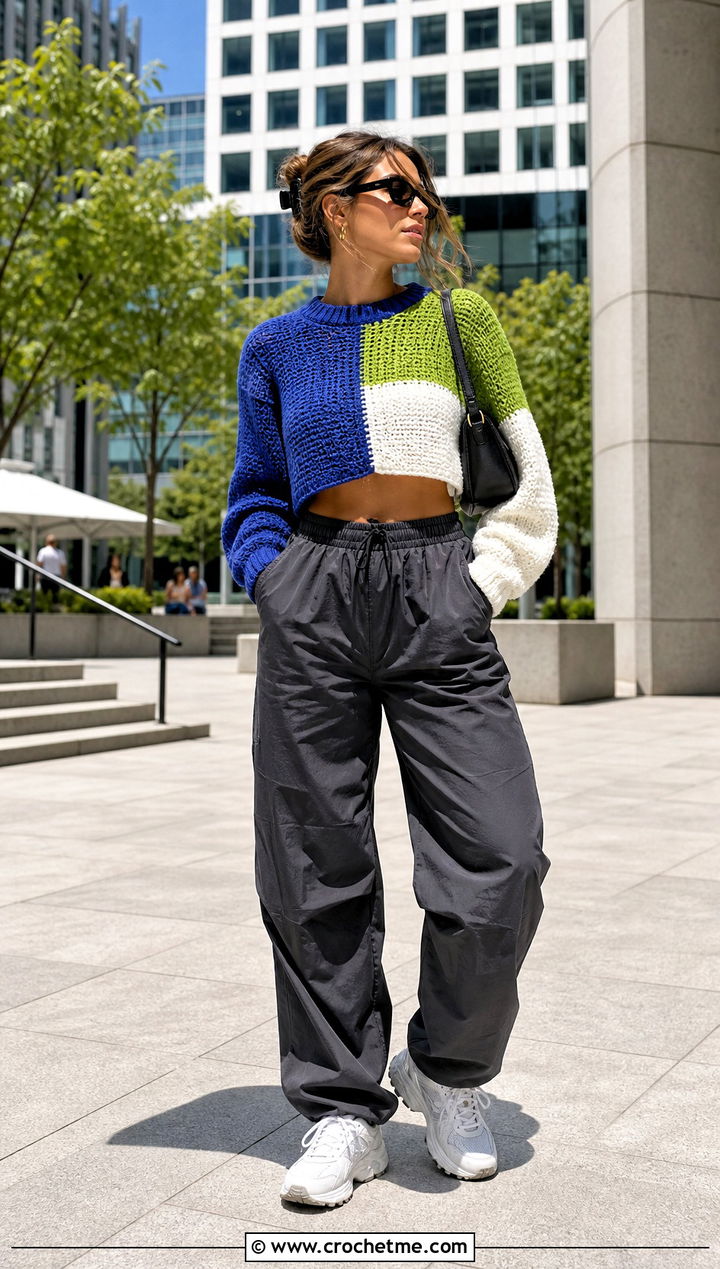 Color Block Cropped Sweater With Parachute Pants - 30 crocheted cropped sweater outfit ideas
