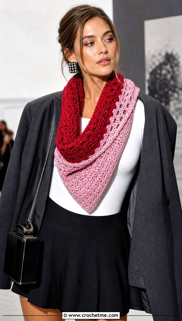 Color Block Crossbody Crochet Cowl With Oversized Blazer And Mini Skirt - 15 Crossbody Crochet Cowl outfit ideas