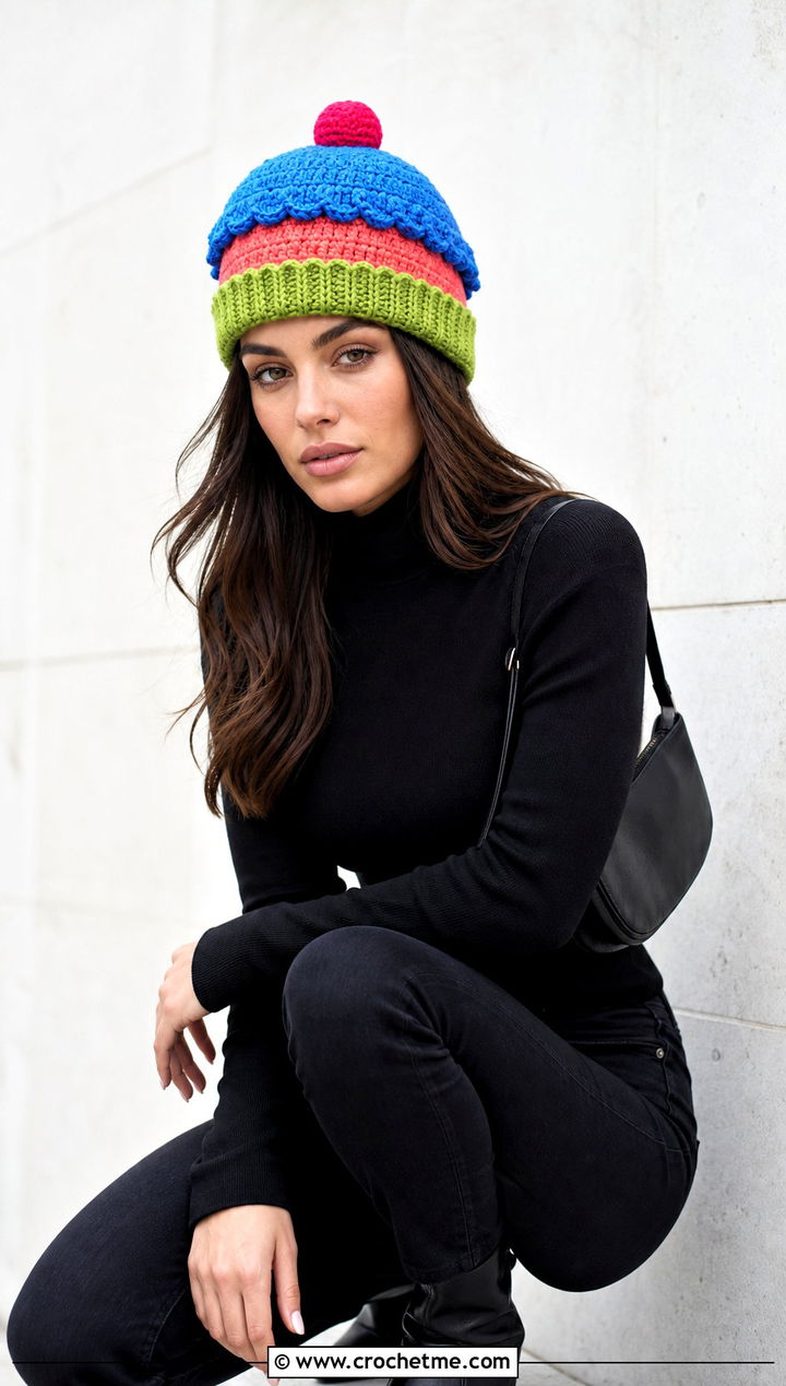 Color Block Cupcake Crochet Hat With Monochrome Outfit - 25 cupcake crochet hat outfit ideas
