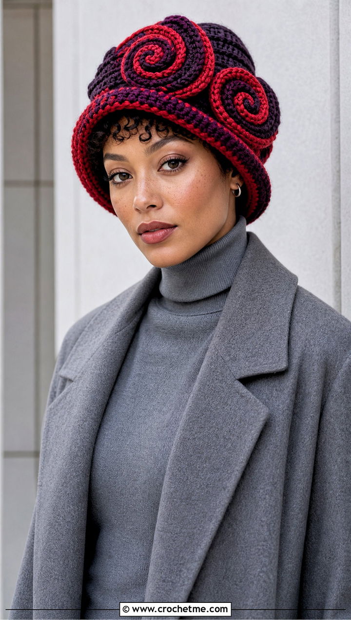 Color Block Curly Cue Hat With Monochrome Outfit - 25 Crochet Curly Cue Hat outfit ideas