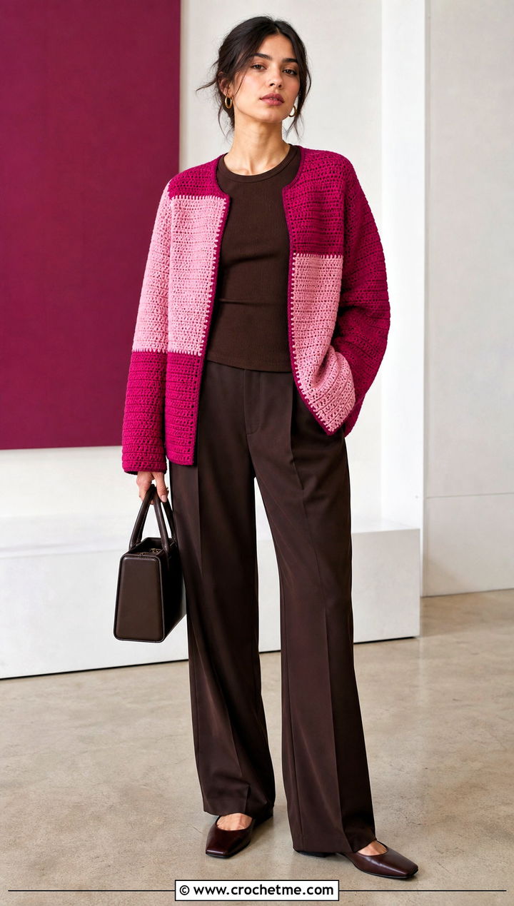 Color Block DK Crochet Cardigan With Monochrome Basics - 20 Dk Crochet Cardigan outfit ideas