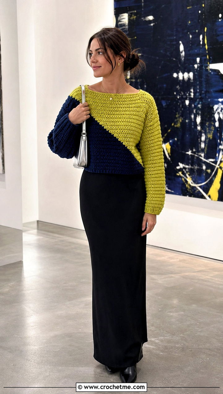 Color Block DK Weight Crochet Sweater With Black Maxi Skirt - 25 Dk Weight Crochet Sweater outfit ideas