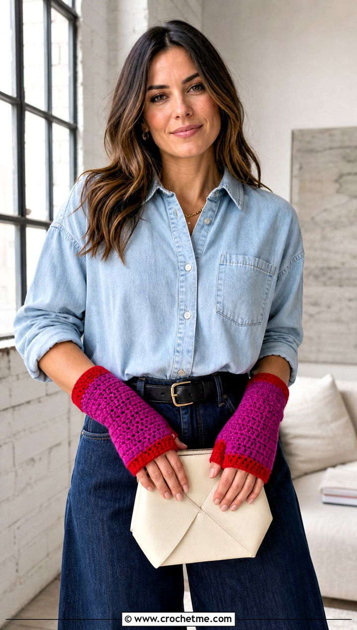 Color Block DK Yarn Crochet Fingerless Gloves With Denim Shirt - 25 dk yarn crochet fingerless gloves outfit ideas