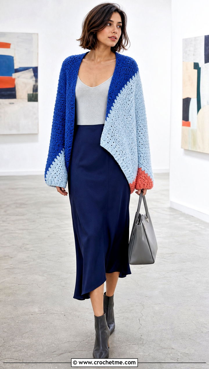 Color Block Diagonal Crochet Cardigan With Bias Midi Skirt - 30 crochet asymmetrical cardigan outfit ideas
