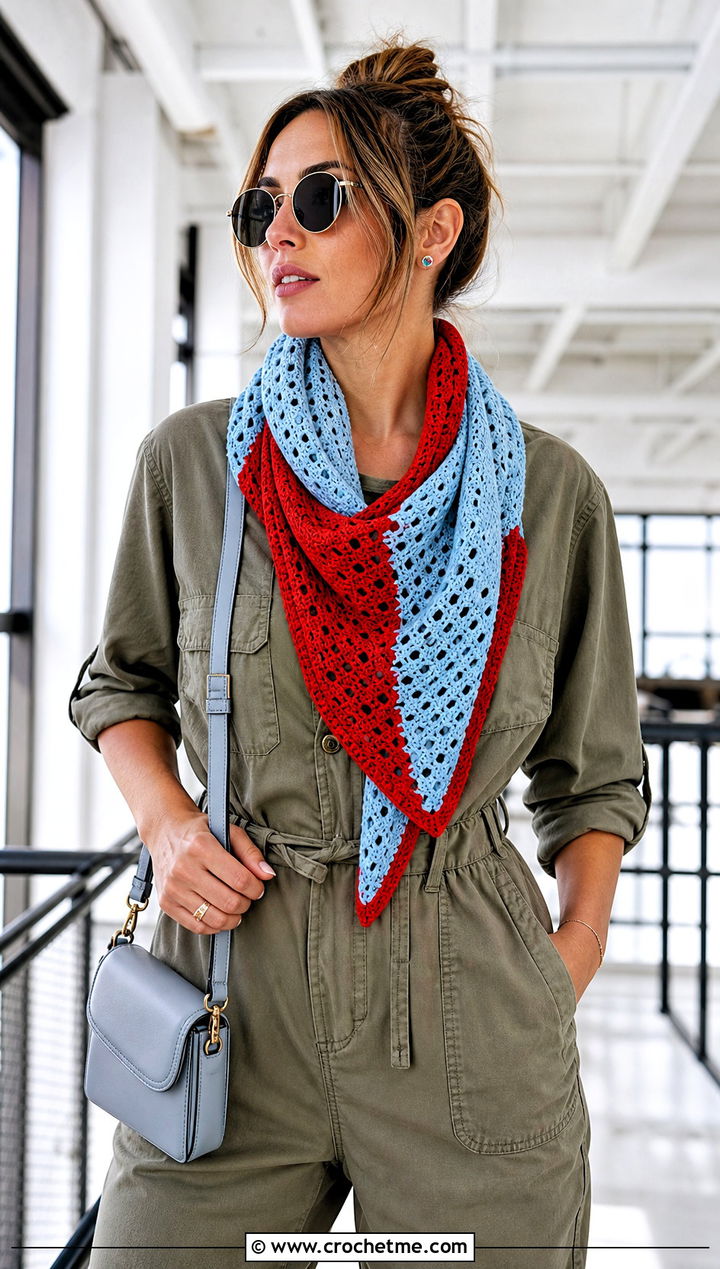 Color Block Diamond Scarf With Utility Jumpsuit - 15 diamond crochet scarf outfit ideas